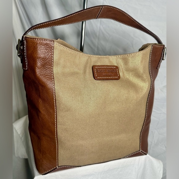 KATE SPADE Brown Leather Gold Canvas Shoulder Tote Bucket Market Carryall Bag - Picture 2 of 10